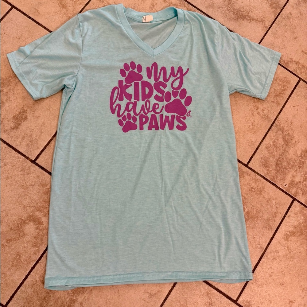 Light Blue Short Sleeve Tee Cat Shirt with Purple Print